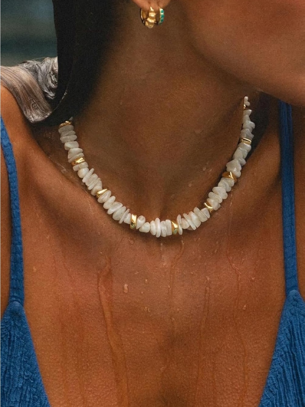 White Chip Beaded Necklace with Gold Accents - Picture 6 of 6